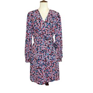 Popsugar Bright Bloom Floral Red Blue Long Sleeve Tie Waist Women’s Size L NWT